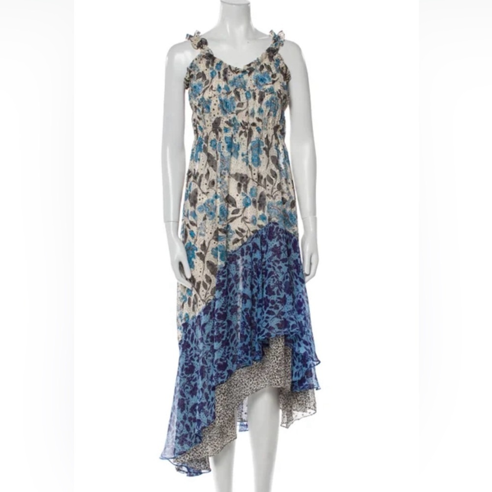 MISA Blue Jaipur Party/Wedding Guest Boho Floral Asymmetric Tiered Ruffle Maxi S